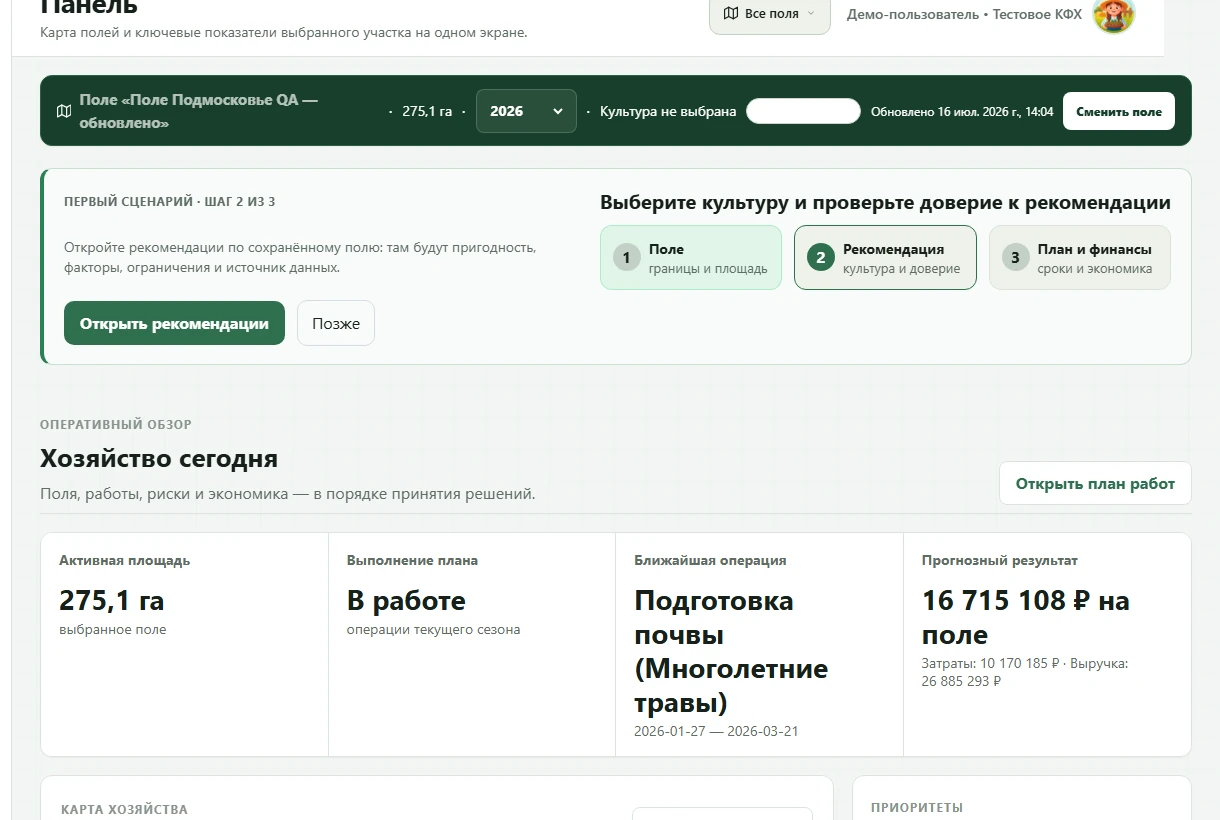 Главная панель AgroPlaner с активной площадью, ходом работ, ближайшей операцией и финансовым прогнозом